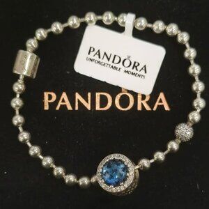 Pandora Beaded Silver Bracelet with Blue Sparkling Charm